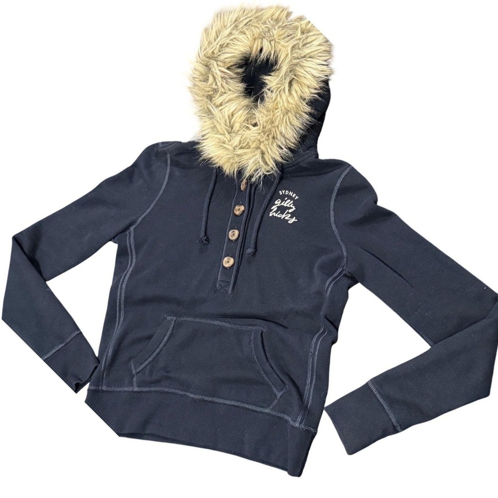 VTG Gilly Hicks Sydney Women's Medium Navy Henley Fur Hoodie Winter Jacket Y2K